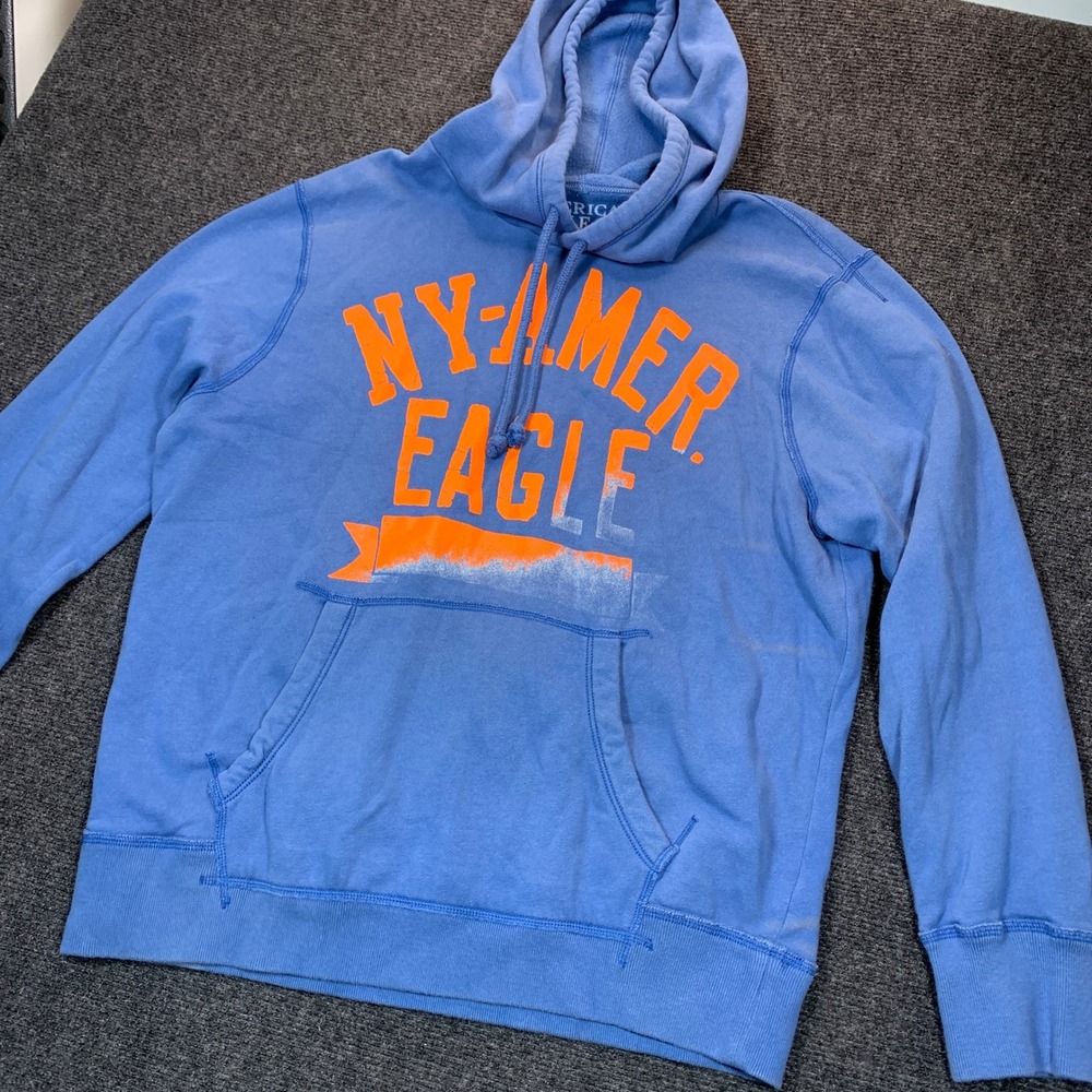 Y2K American Eagle Hoodie Mens L Blue Graphic NY Collegiate Skater Preppy Soft